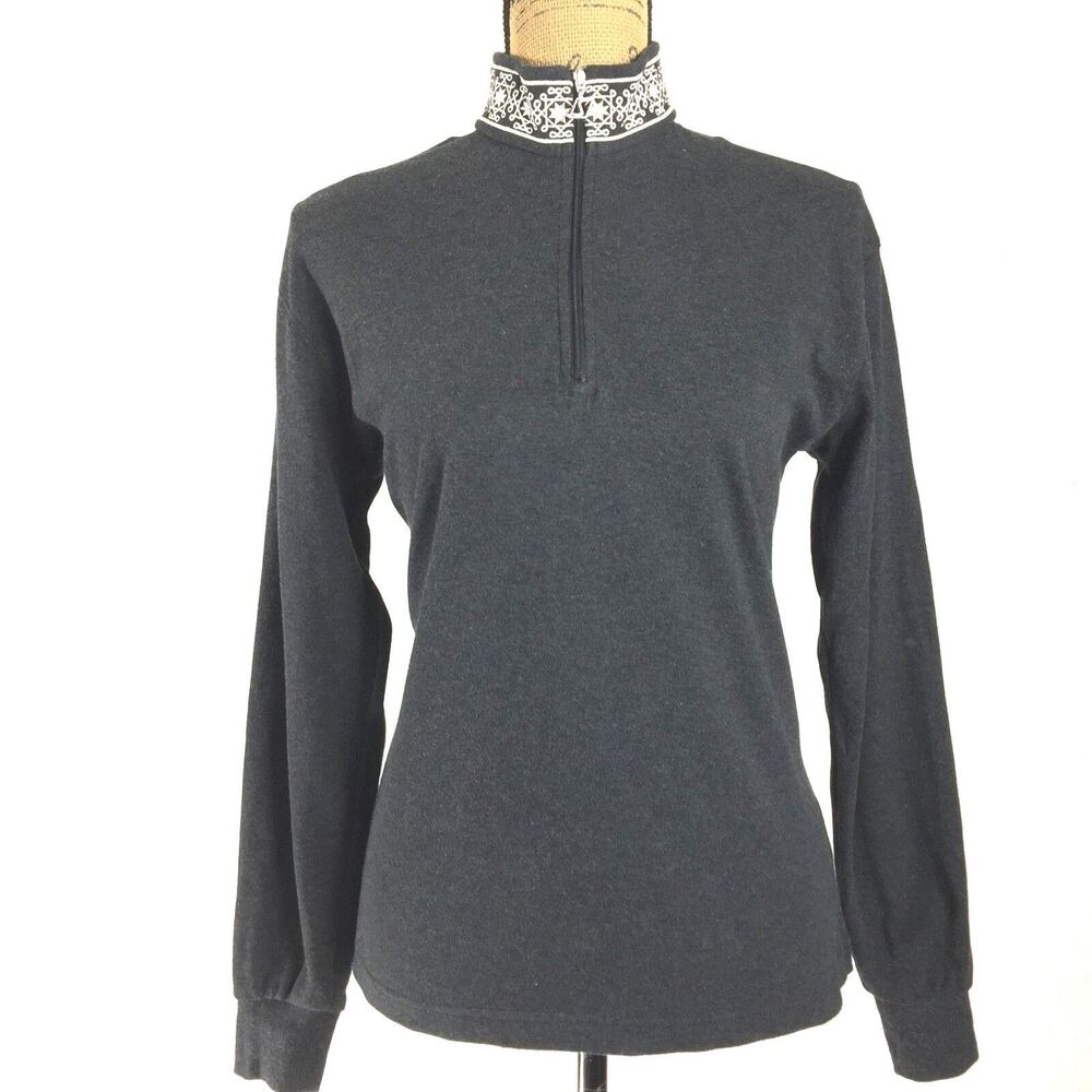 ODLO Top Half Zip‎ Mock Neck Charcoal Gray White Embroider Long Sl Cuff Sm Shirt